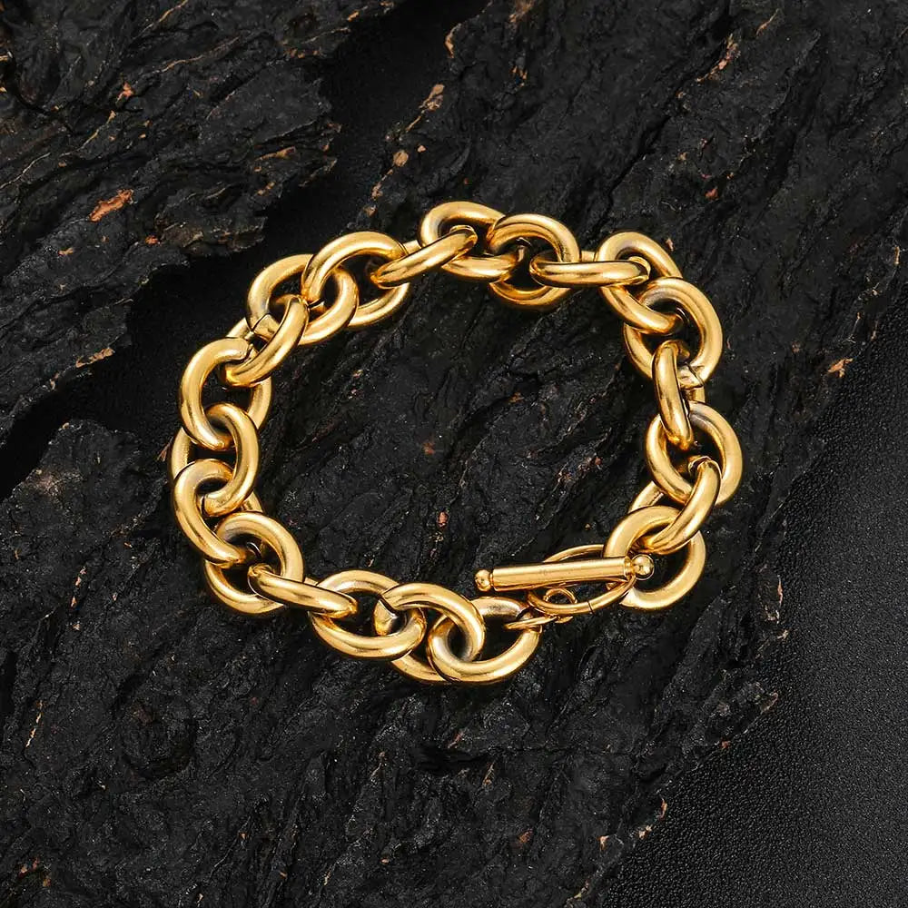 NUOYA Classic 18K Gold Plated OT Toggle Bracelet Stainless Steel Oval Link Chain Bracelet for Men and Women