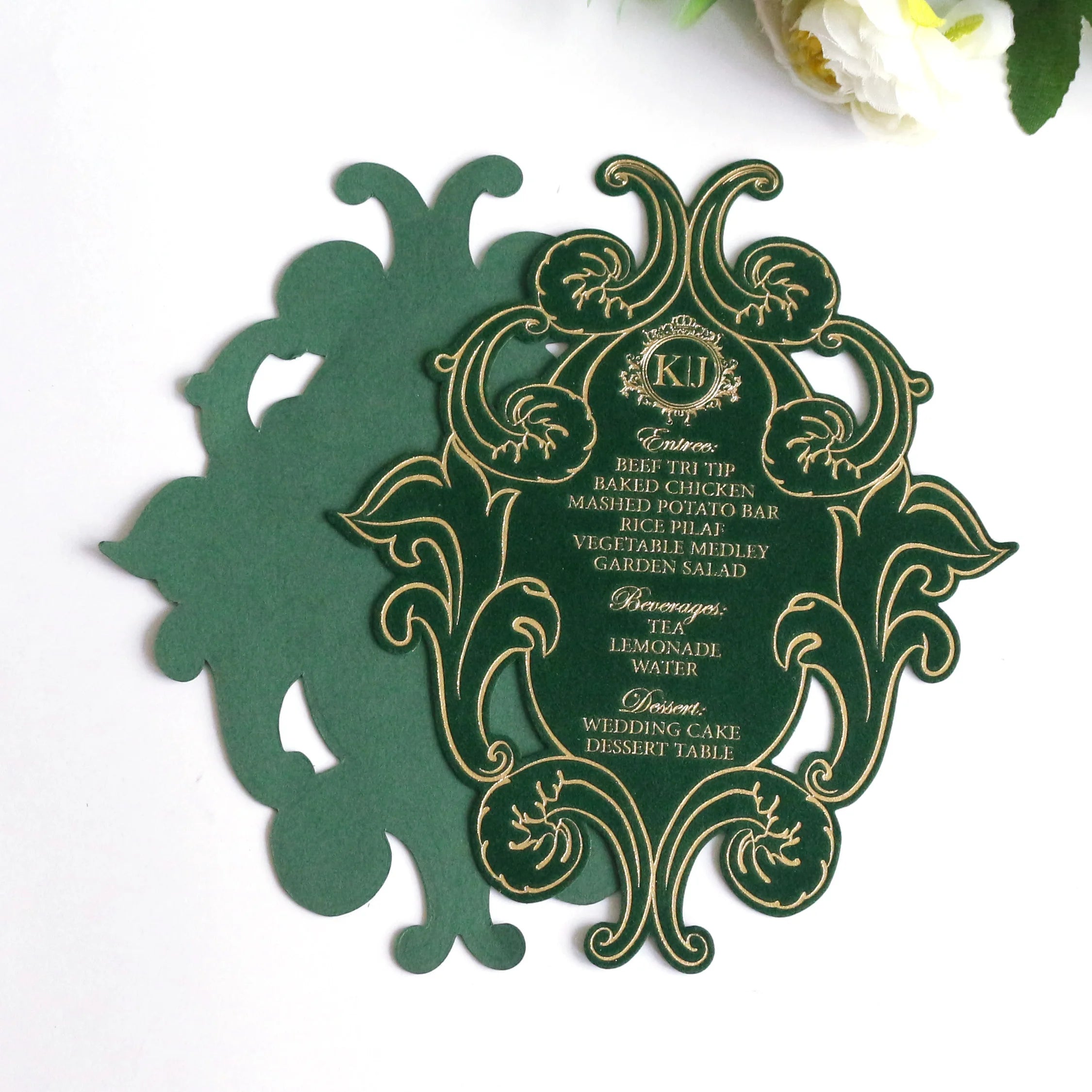 Custom Shape Elegant Wedding Menu Cards Unique Green Velvet Invitation Wedding Cards With Gold Foil Text
