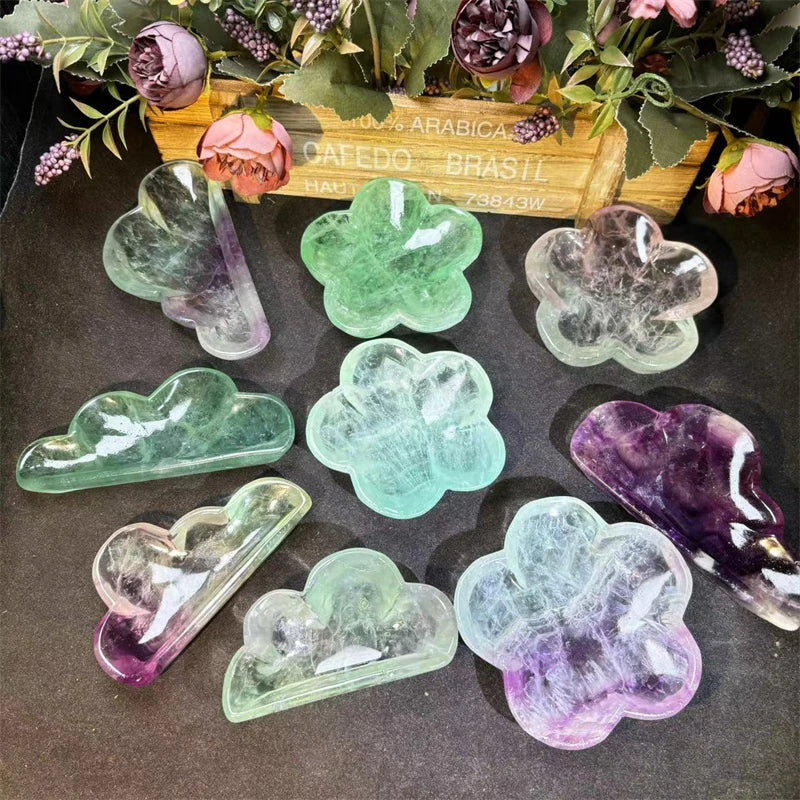 Natural Crystal Crafts rainbow Fluorite Flower Bowl Fluorite Candy Bowl Crystal Bowl for Gifts