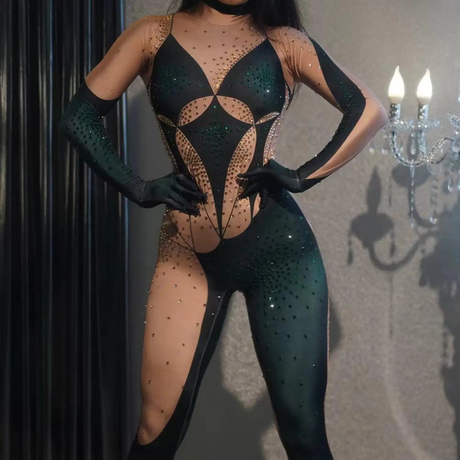 Fashion Photoshoot Long Sleeved Rhinestone Bodysuit Ladies Dance Leotard Bodycon Rompers Gogo Dancer Costumes Female Jumpsuits