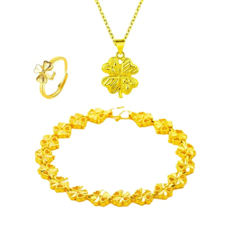 Dubai Gold  Clover Bracelet Set Gold Plated Hard Gold Clover Necklace Pendant Ring Wedding Gift