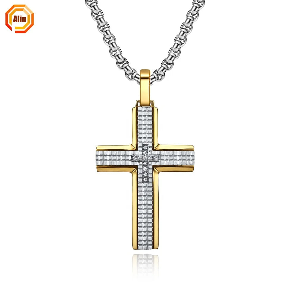 Competitive Wholesale Price 14k Symmetric Grid Pattern Cross Shape Diamonds Setting on Cross Pendant Stainless Steel Necklace