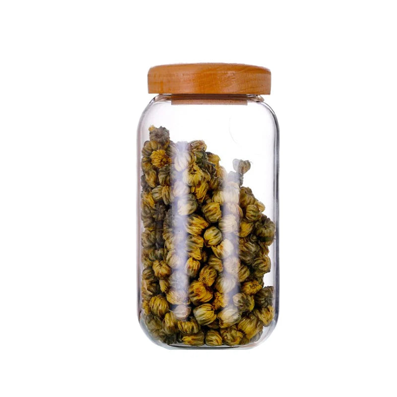 Airtight Glass Jars With Seal Wooden Lid Made by High Borosilicate Glass for Tea Spice Sugar Salt Jar