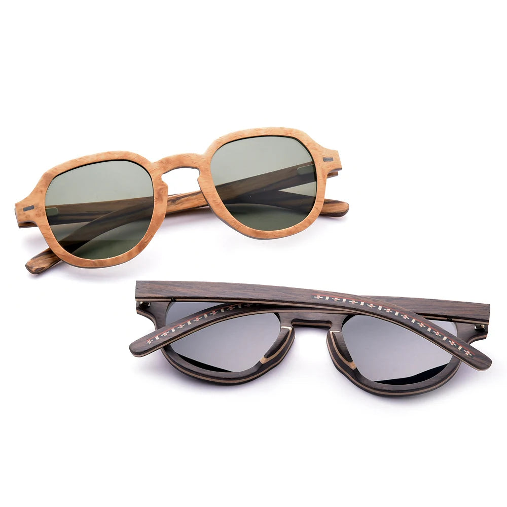 2025 New Designer UV400 Sunglasses Unisex Vintage Square Wood Frame with Polarized Olive Green and Black Lenses Oak Wood Style