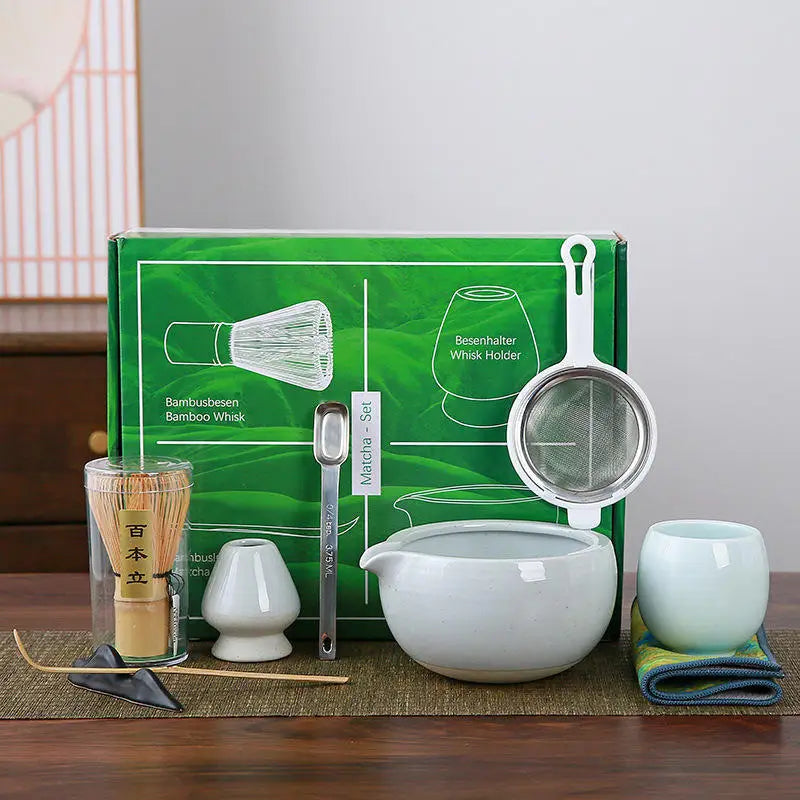 Traditional Japanese 9pcs Ceramic Tea Tools Set Matcha Green Tea Chasen Stand with Bamboo Whisk Grinder Brushes for Tea Ceremony