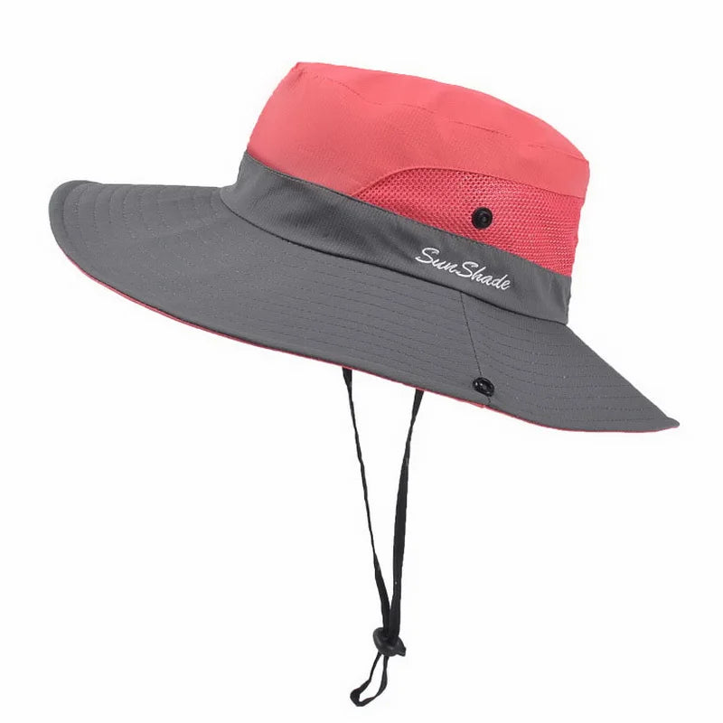 Women's Sun Hat Foldable Mesh Wide Brim Beach Fishing Hat With Ponytail Hole