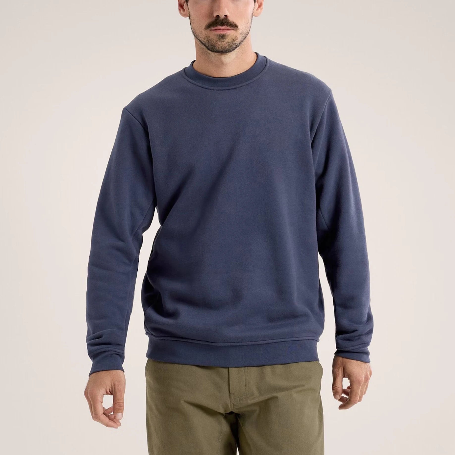 Men's 100% Cotton Fleece Crew Neck Pullover Sweatshirts Solid Color Long Sleeve Ribbed Hem Spring Breathable