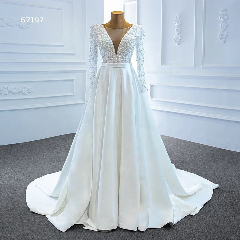 Jancember RSM67197 Long Sleeve Full Pearls  Princess Ball Gown Wedding Dress