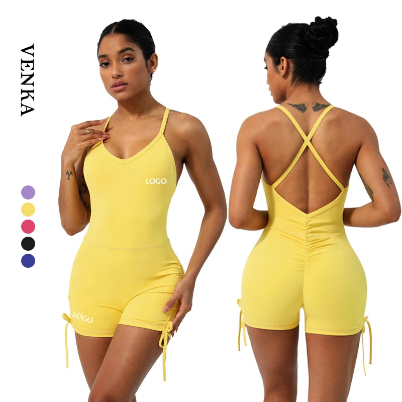 Manufacturer Women Sports Set One Piece Workout Yoga Quick-drying Elastic Shorts Pants Sleeveless Cross Back Rompers Jumpsuits