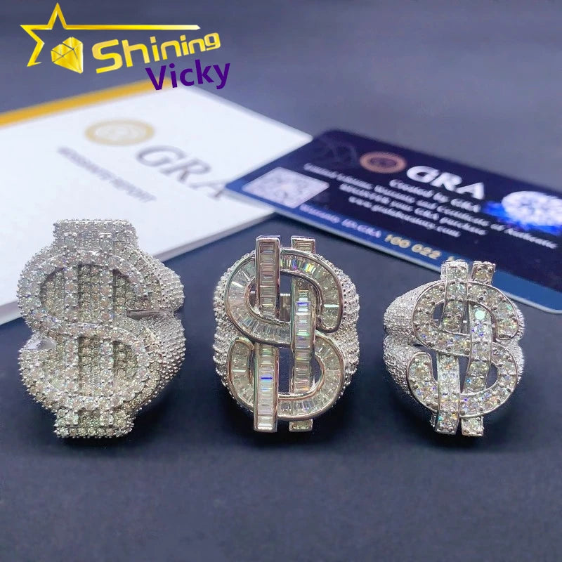 Shining Jewelry Iced Out Luxury Us Dollar Design Ring Custom 925 Sterling Silver Hip Hop Moissanite Ring