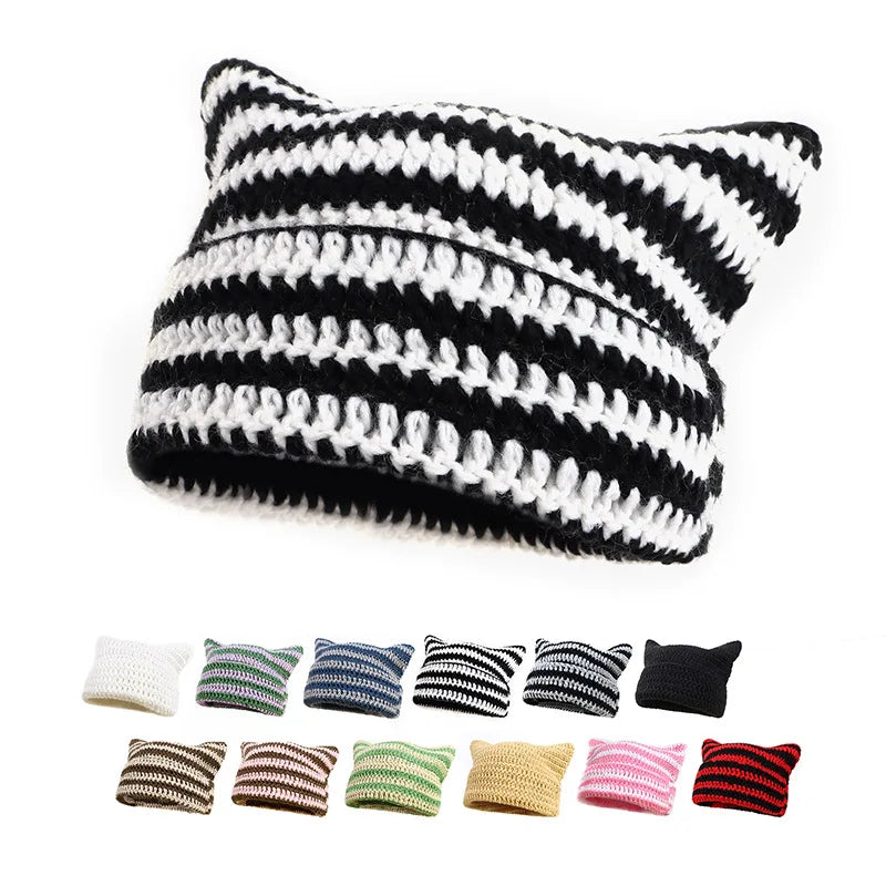Custom Devil Striped Beanie Hat with Cute Cat Ears Horn Knitted Wool Cap 100% Cotton Fall Slouchy Beanies