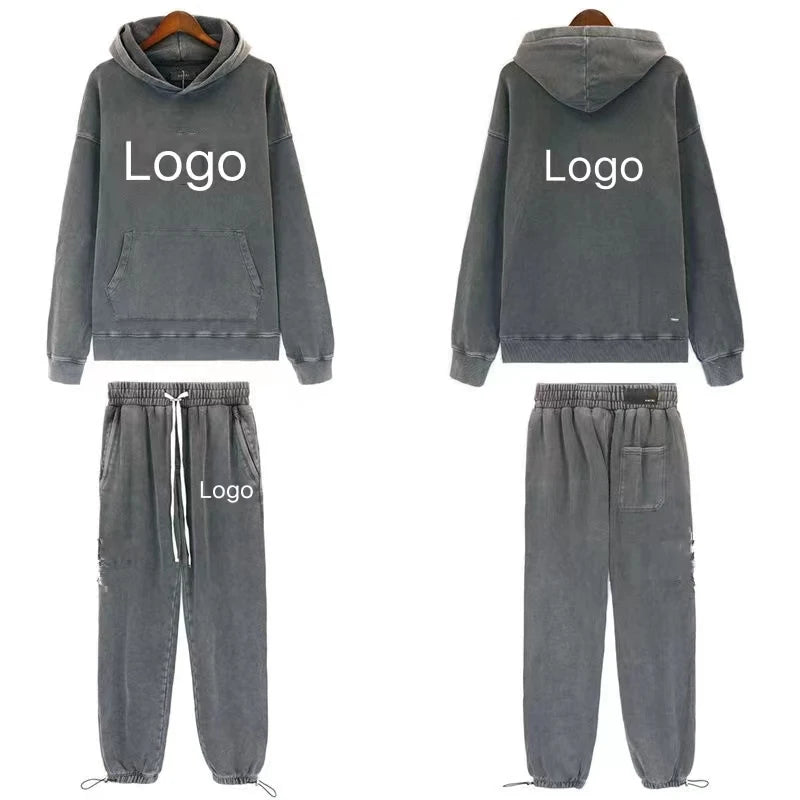 OEM Custom Heavyweight Men's Oversized Sweatsuit Vintage Wash Plaid Jogger Set with Hoodie Casual Style for Winter