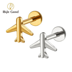 Right Grand ASTM F136 Titanium 16G Mini Airplane Flat Back Tragus Earring Cartilage Helix Conch Stud Ear Piercing Jewelry