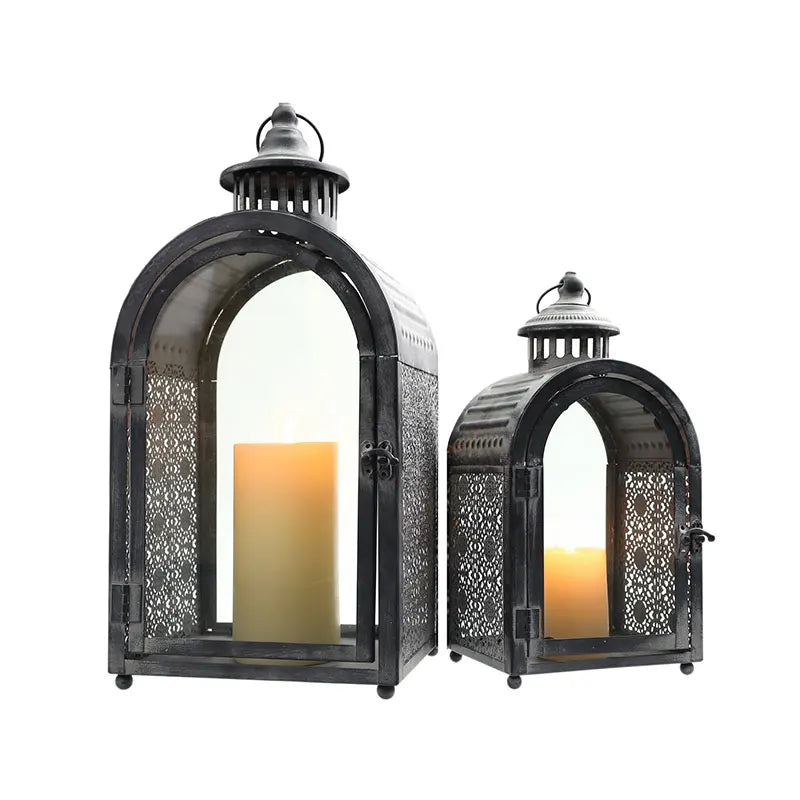 Set of Two Vintage Grey Candle Lantern Festive Appropriate Lantern for Home Decor