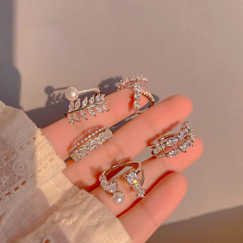 DAIHE Leaf Shaped Open Adjustable Ring Fashion Design Light Luxury Zircon Finger Ring