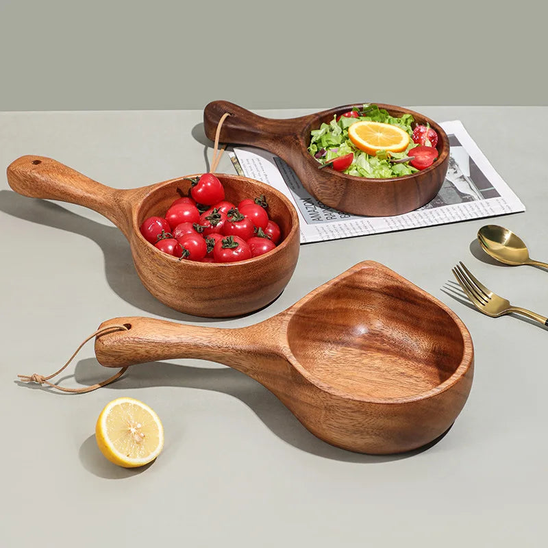 New Arrival Korean Ramen Bowl Wooden Bowls With Long Handle Acacia Wood Salad Bowl