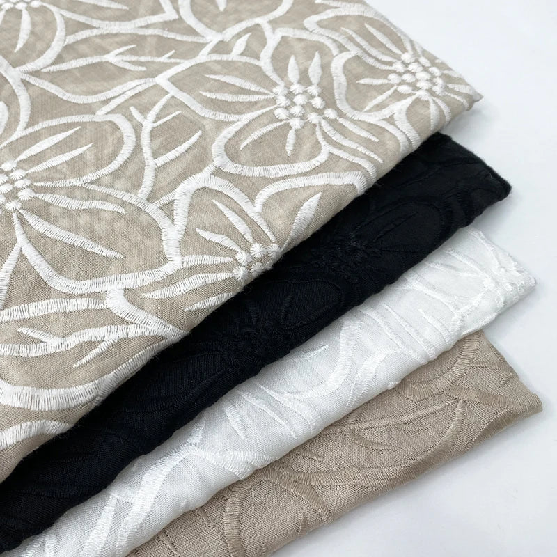 Harvest Woman Top Fashionable Yarn Dyed Melange Brown Base White Big Floral Embroidery Fabric for Dress