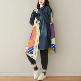 Wholesale 2026 Autumn New Personalized Patch Medium and Long Asymmetric Loose Washed Long Sleeve Denim Women's Shirts