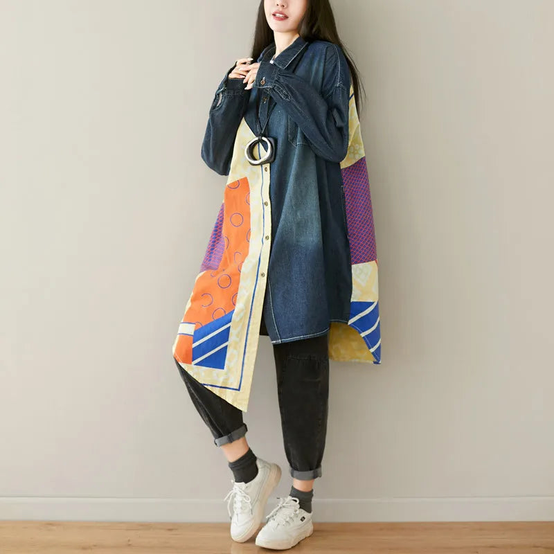 Wholesale 2026 Autumn New Personalized Patch Medium and Long Asymmetric Loose Washed Long Sleeve Denim Women's Shirts