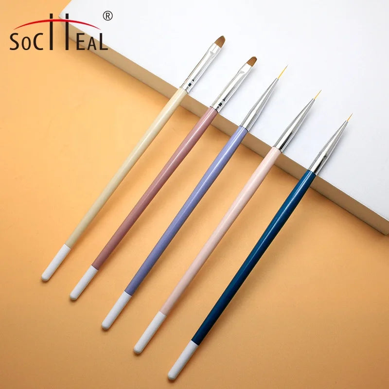 2025 Custom logo Colorful with White Tail Plastic Handle 5pcs Painting Liner 5mm 7mm 9mm  Uv Gel  Nail Brush Set