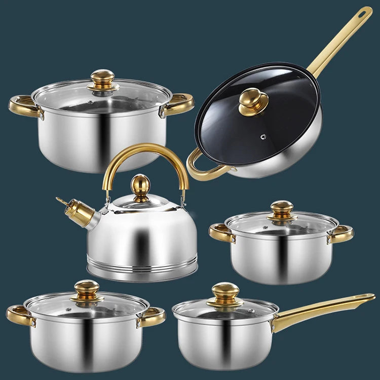Stainless Steel Pot Set Non-stick Pan 12-piece Set Gold-plated Stainless Steel Handle Stainless Pots Cookware Set Kitchen