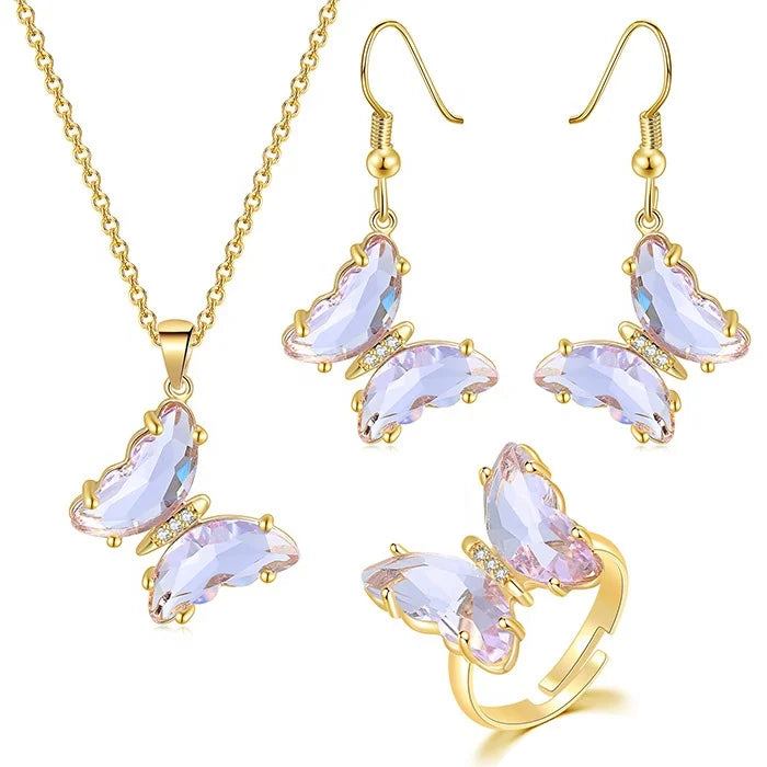 RST New Arrivals Luxury Dainty Women Multicolor Crystal Butterfly Jewelry Set for Wedding Party Gift 14K Gold Plated S541