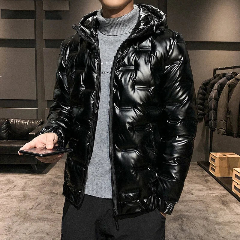 Trend Black Shiny Down Jacket Men's and Women's s Clothing Winter Coat Puffer Loose Thick Hooded