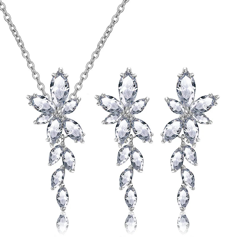 Luxury Fashion Zircon Copper 18k Gold Plated Pendant Necklace and Earrings Jewelry Set for Women