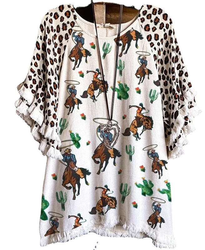 Vintage Western Style Leopard Printed Cowgirls Blusas De Mujer Loose Short Sleeve Blouse Tops 2025 Women's Clothing with Ruffles