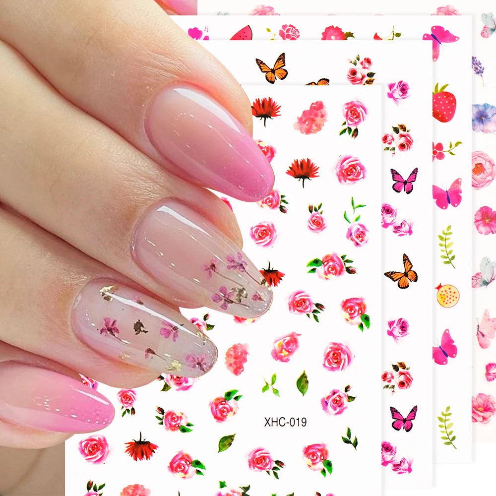 16Pcs/bag 3D Flowers Nail Stickers Self-Adhesive Colorful Butterfly Florals Sticker Nail Art Decorations Decals Nail Tips