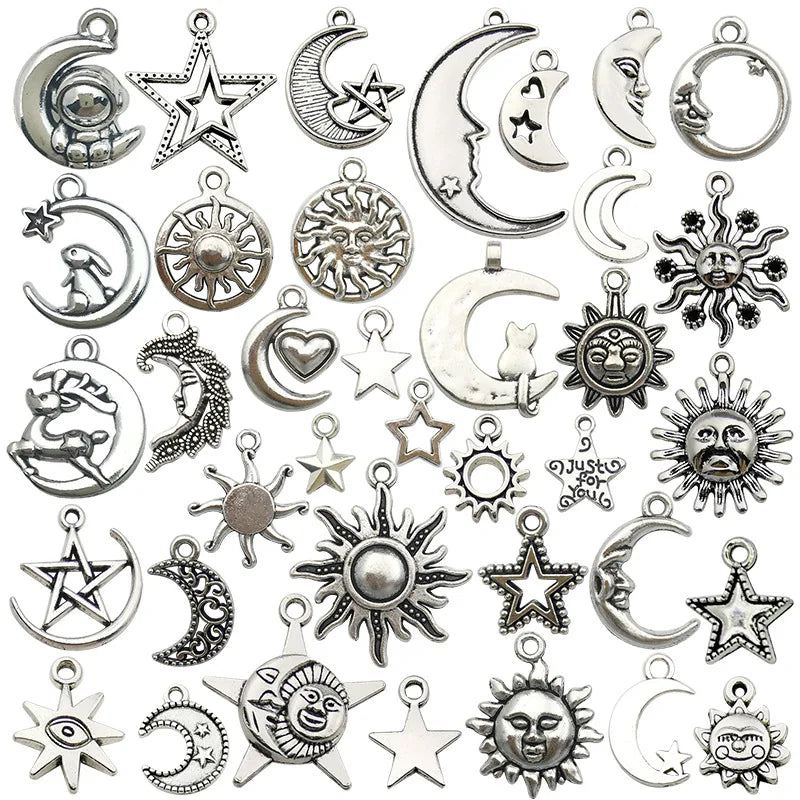 AA016206 Antique Silver Sun Moon Stars Charms Pendants for Jewelry Findings Making Accessory