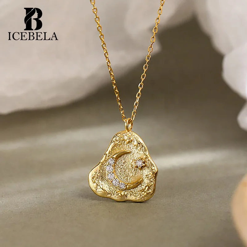 Wholesale Fine Jewelry 18K Gold Plated Cubic Zircon Vintage Moon Star Necklaces Irregular Pendant S925 Silver for Girls Women