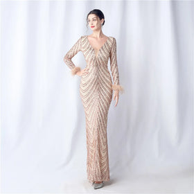 31611# 2024 Ostrich Hair Positioning Flower Bead Piece Long Sleeve High-end Evening Dress