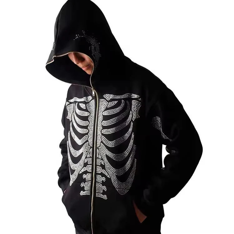 Custom Men's Autumn Street Wear Pullover Hoodie 100% Cotton French Terry Y2K Hip Hop Rhinestone Regular Fit Full Zip Hoodie