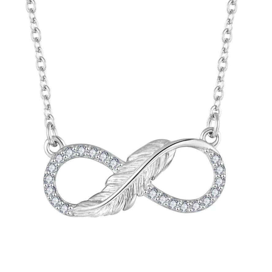 Custom Rhodium Plated Leaf Infinity Necklace Cubic Zirconia Feather 925 Sterling Silver Infinity Necklace for Women