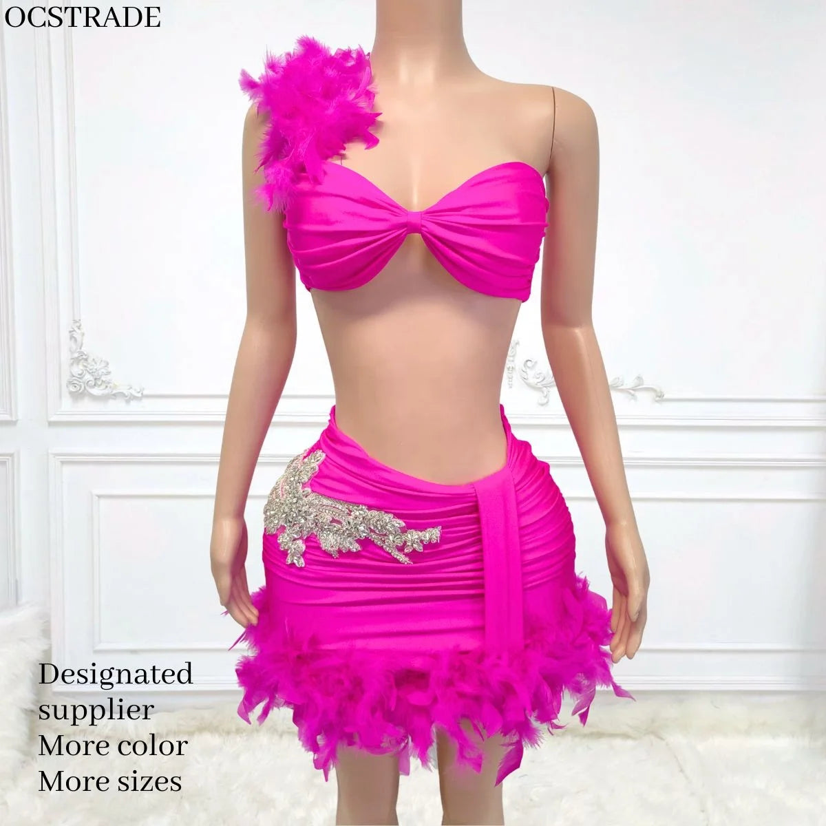 Ocstrade Vestidos Feather Rhinestone Mini Party Dresses Set Glittering Diamond Crystal Pink Birthday Celebrity Luxury Club Dress