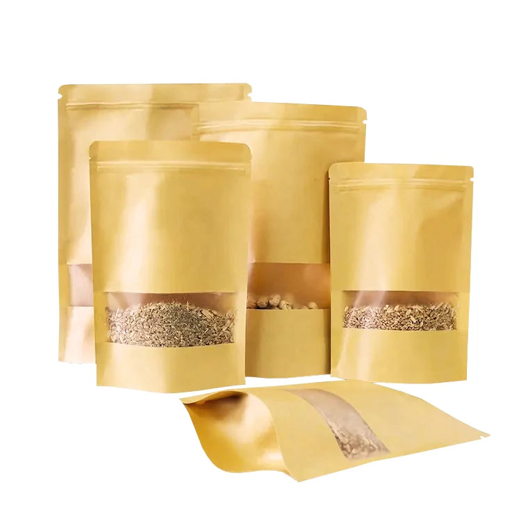 Factory Price Stand up Pouch With Zipper and Window Kraft Paper Packaging Bag for Nuts Powder Snack Packaging With Zipper