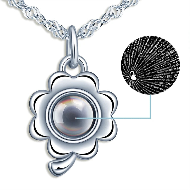 I Love You Necklace 100 Languages Lucky Clover Sterling Silver Projection Necklace