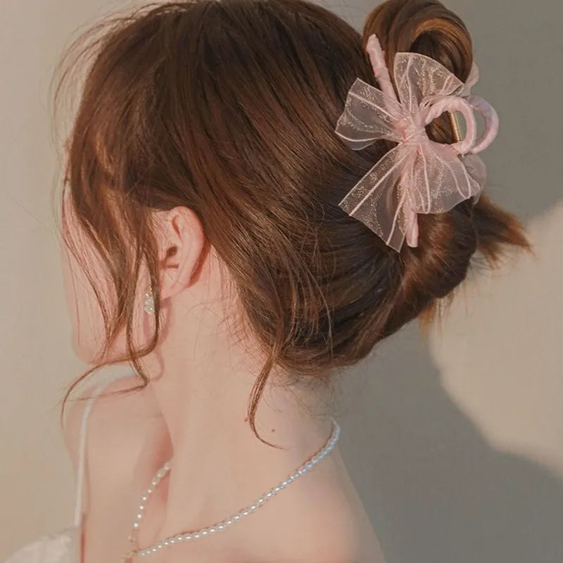 Retro Female Organza Bow Hair Grab Fashion Large Hair Accessories for Girls Cute Mesh Bow Hair Claw Clip