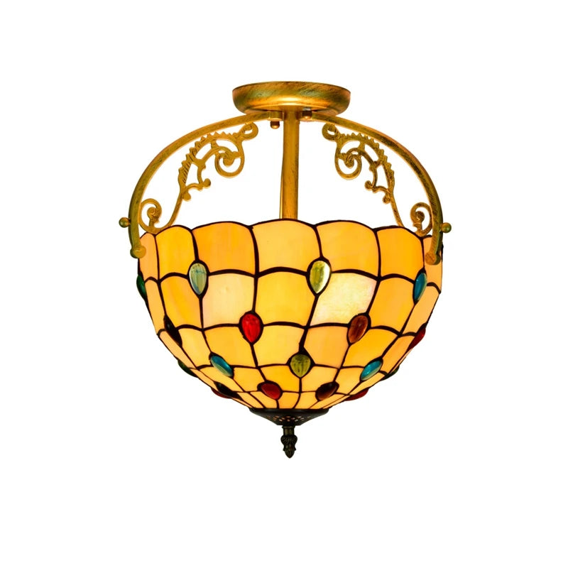 Tiffany Glass Lamp Metal LED Semi-Flush Mount Traditional Decor Warm Light for Kitchen Hallway Bathroom Ceiling Lights(old)