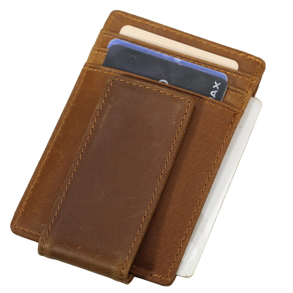 Guangzhou Genuine Crazy Horse Leather RFID Wallet Brown Slim Money Clip Business Card Holder Functional Daily Use Credit Card