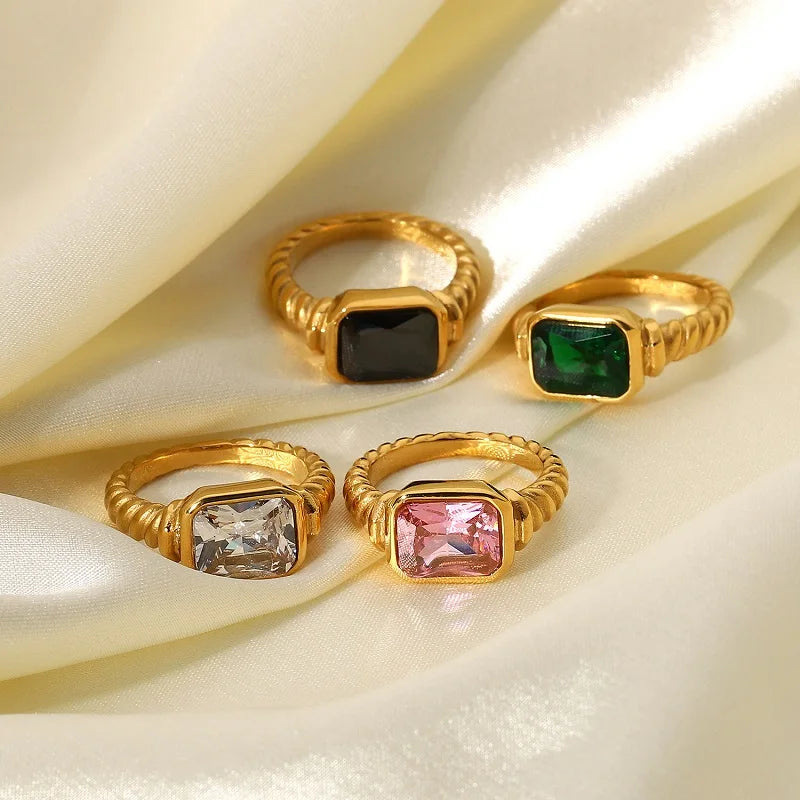 Trendy 18k Gold Pvd Plating Stainless Steel Croissant Natural Square Moonstone Rose Quartz Stone Ring Jewelry for Women