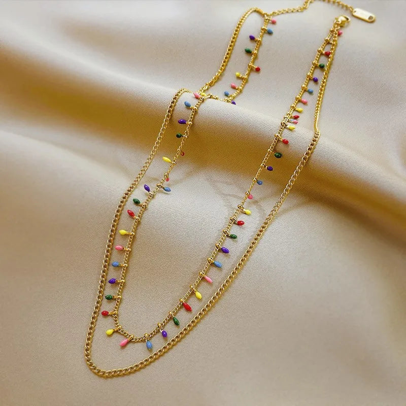 Bohemia Real 18k Gold Plated Multi Layered Necklace Stainless Steel Colored Beaded Necklaces for Women
