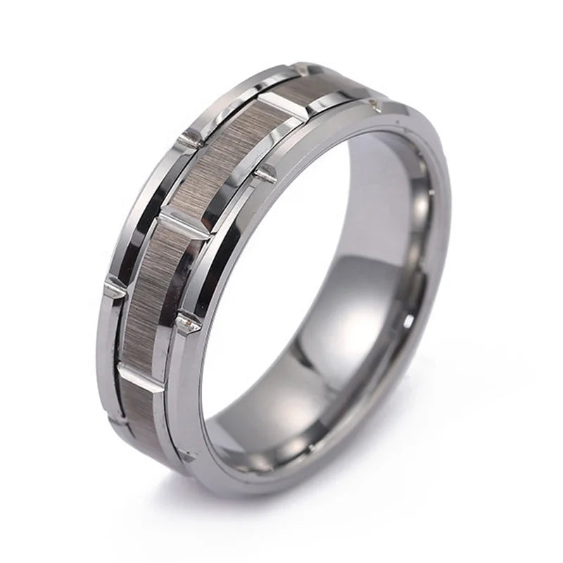 POYA Brick Pattern Brushed Tungsten Ring 8mm Double Groove Beveled Edge Simple Fit Wedding Bands for Men