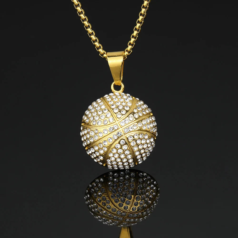 Hip Hop Men Sport Basketball Pendant Stainless Steel Gold Plated Zircon Ball Round Pendant Necklace