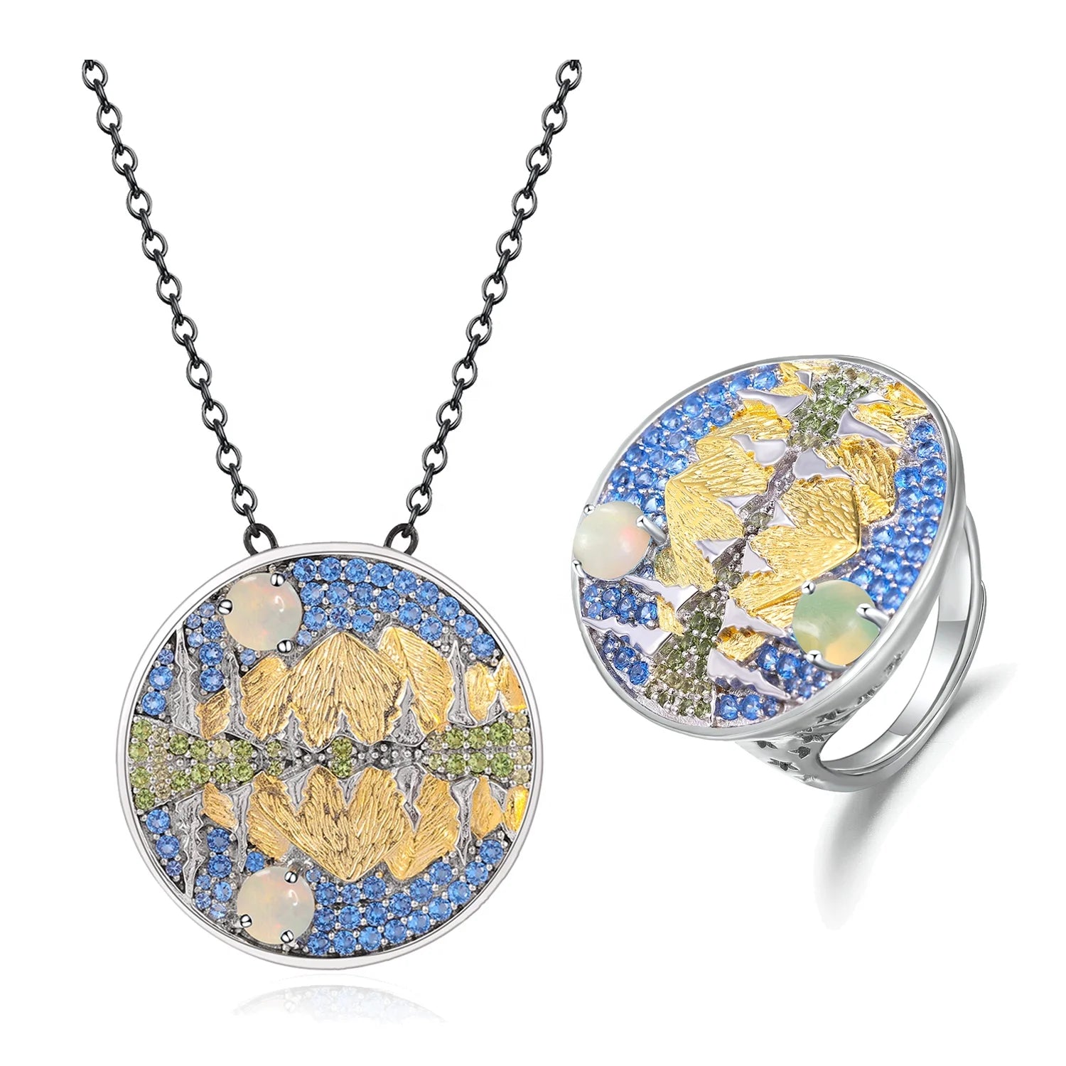 C8195 Abiding Fine Jewelry Custom Natural Inspired Reflection Designs Sterling Silver Natural African Opal Jewellery Set
