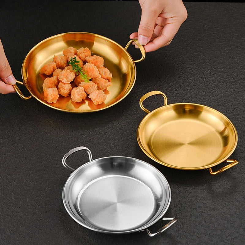 Round Double Ear Stainless Steel Dim Sum French Fries Fried Chicken Plate Golden Metal Snack Plate Double Handle Fruit Plate