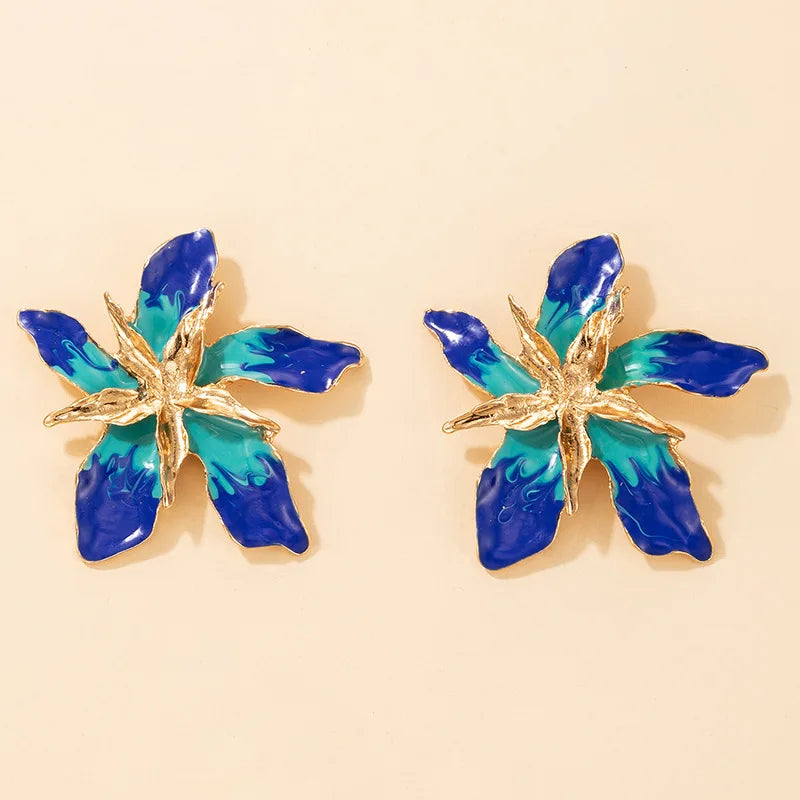 European and American Exaggerated Flower Earrings Blue Drop Oil Geometry Flower Personality Earrings for Women