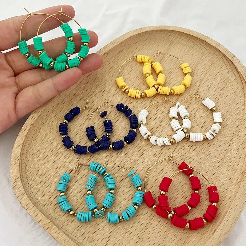 Summer Bohemian Statement Circle Hoop Clay Earrings Heishi Beaded Earrings Colorful Polymer Clay Beaded Hoop Earrings for Women