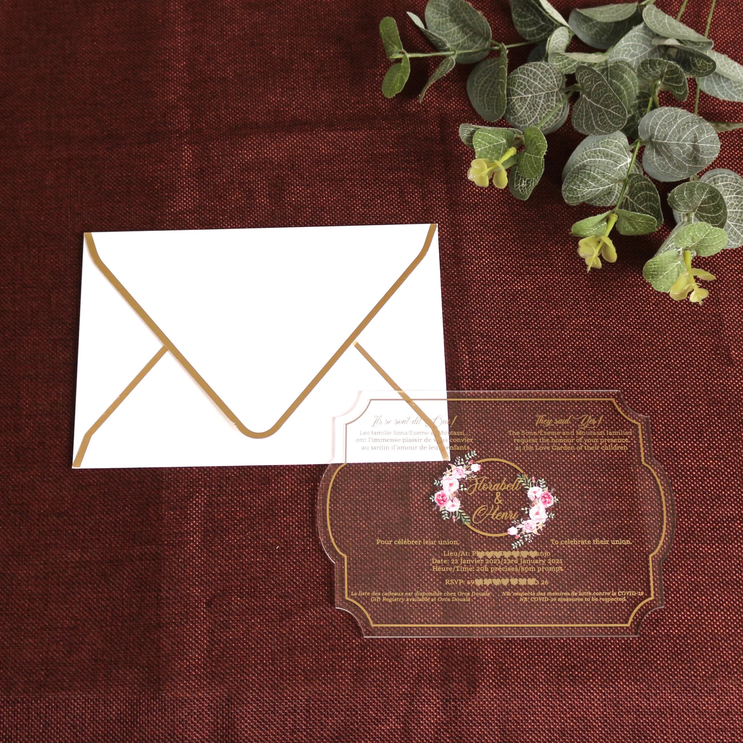 High Grade Color Printing Customized Clear Acrylic Wedding Party Invitations Cards with Paper Envelope